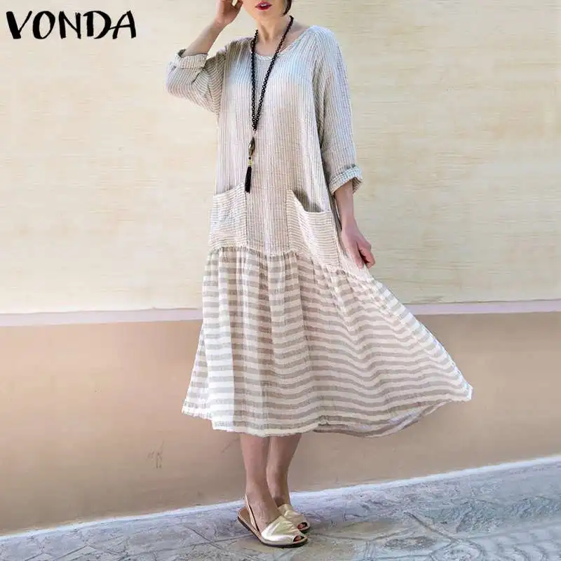 

VONDA Women Dress Plus Size 2019 Vintage Maxi Long Dress Casual Long Sleeve Stripe Patchwork Loose Party Vestidos Female