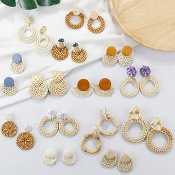 

AENSOA Korea Bohemia Handmade Geometric Drop Earrings For Women Boho Rattan Straw Weave Knit Vine Earring Vacation Party Jewelry