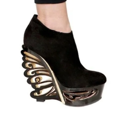 

Black Suede Leather Butterfly Heel Wedge Boots Women Side Zipper Cage Shoes Strange Heel Pumps Wedding Party Hot Selling