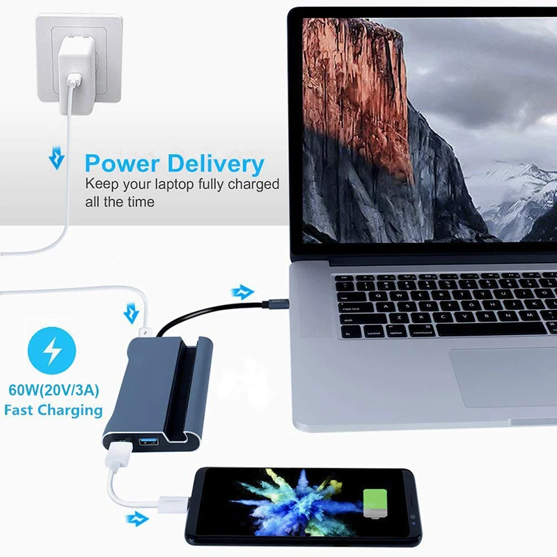 Baolyda USB C HUB Multi-Port adaptador 7in1 USB-C a 4 K HDMI Ethernet puerto VGA 100 W puerto USB 3,0 PD para dispositivos MacBook Pro tipo C - 6