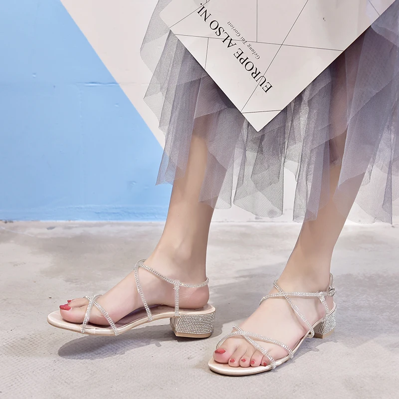 

Summer Crystal Bling Women Shoes Woman Sandals Square Mid Heels Buckle Strap Peep Toe Sexy Pumps Casual Shoes Ladies Sandals
