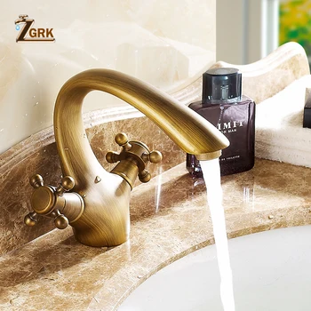 

ZGRK Deck Mounted Antique Brass Faucet Single Hole Dual Handle Bathroom Faucets Basin Mixer Tap