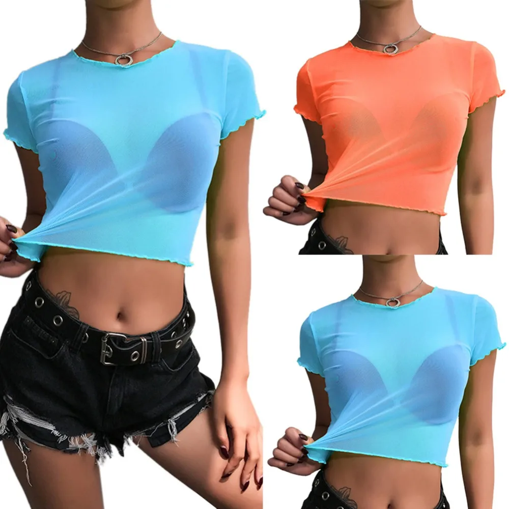 

Casual neon Blue mesh top female Sexy t-shirt transparent solid short sleeve crop tops 2019 summer tshirt tee shirt femme
