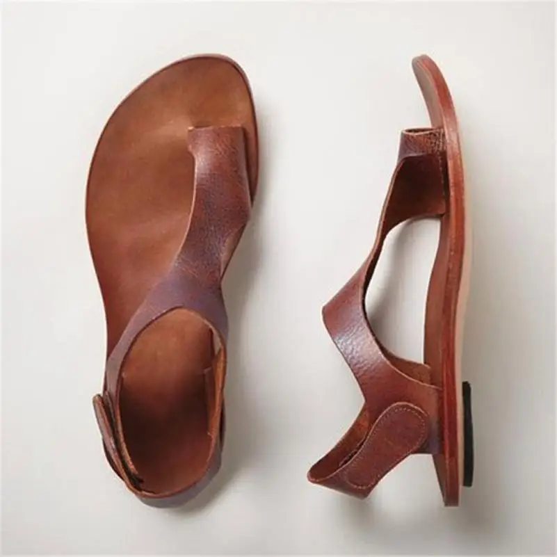 Г. Летняя женская обувь винтажные сандалии на плоской подошве в римском стиле женские сандалии с открытым носком пляжные сандалии-Вьетнамки большого размера sandalia feminina - Цвет: Brown