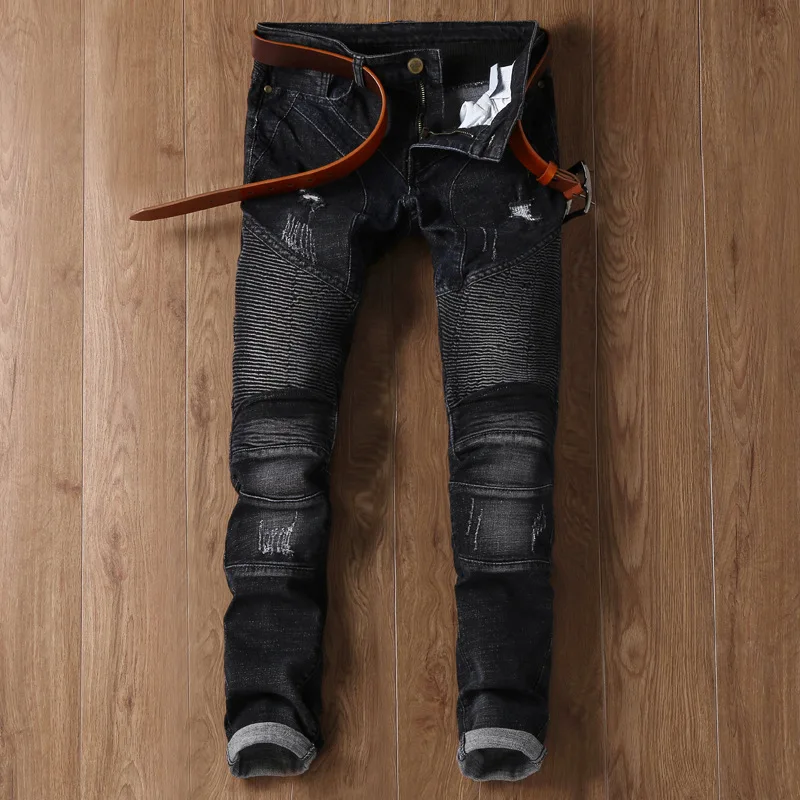 Men Jeans Stretch Skinny Pleated Spliced Washed Casual Solid Men Denim Jeans Straight Retro High