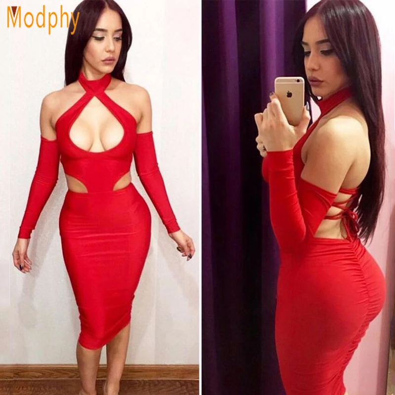

2018 women halter backless celebrity bandage dress for sexy night club party bodycon Knee length dresses dropshipping HL642