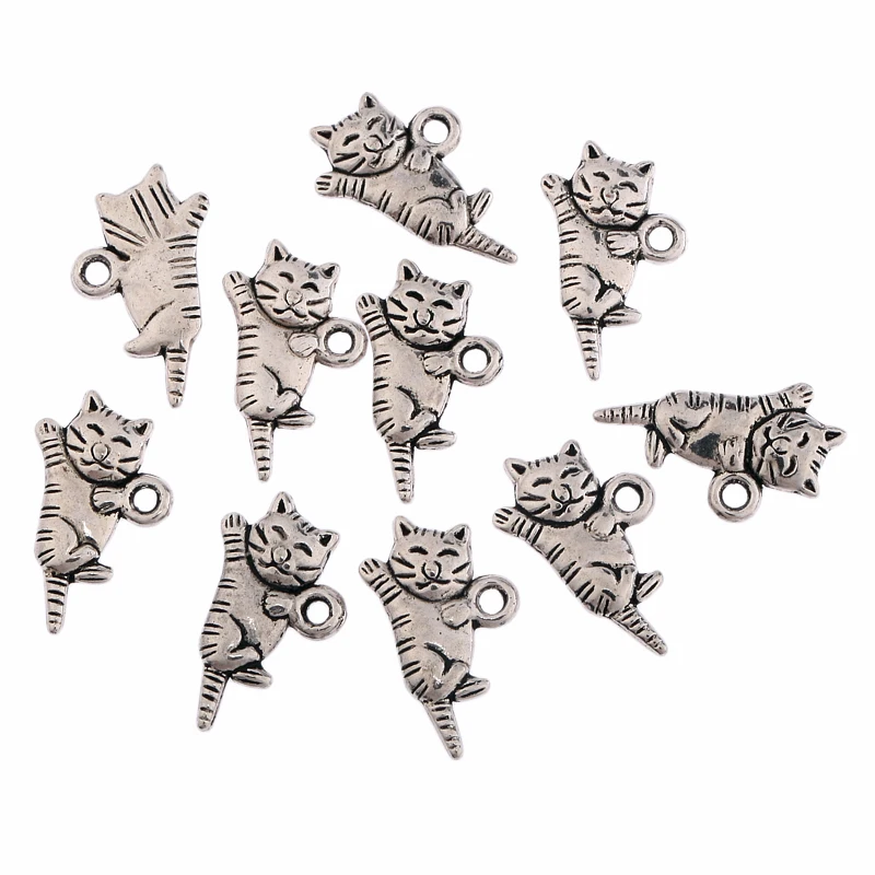 Antique Silver Greeting Cat beads Charms Pendants For Necklace DIY