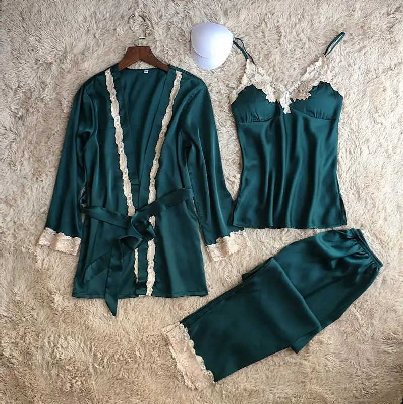 Новая женская сексуальная Шелковая пижама, комплект из 3 предметов, халат и рубашка на лямках и штаны, ночная рубашка, ночное белье, бюстгальтер для разборки, Женская Весенняя Пижама - Цвет: Green