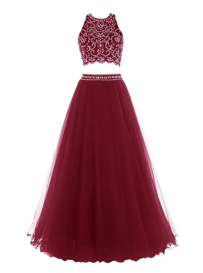 Off the Shoulder Tulle Heavy Beaded Bodice Burgundy 2 Two Piece Prom ...