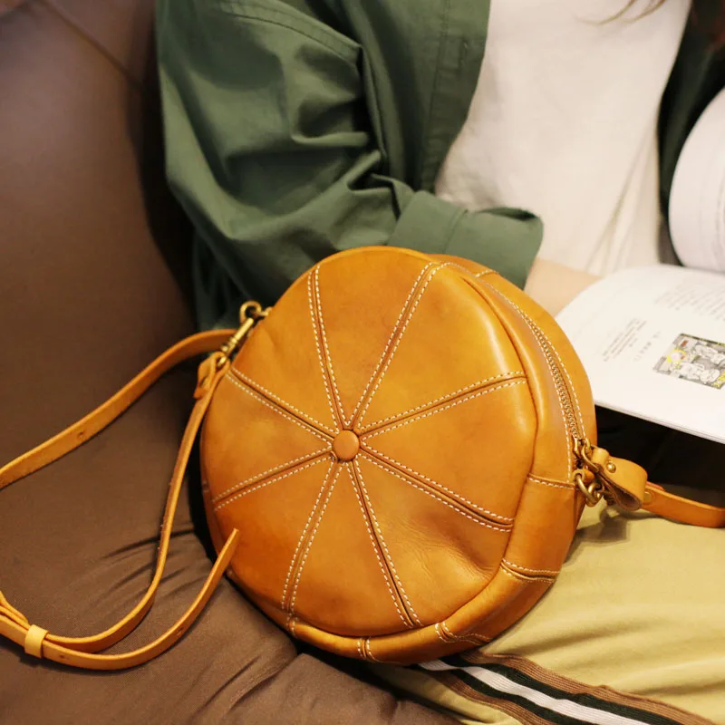 AETOO New original designer round cowhide handbags handmade leather shoulder slung  literary