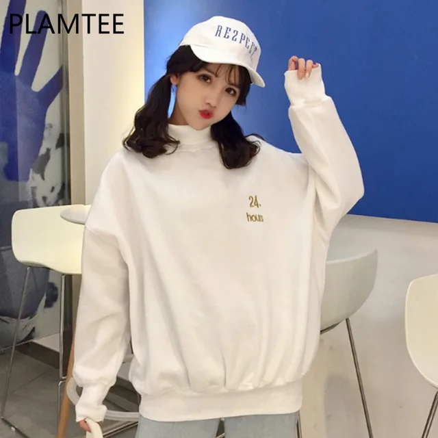 PLAMTEE Korean Style Oversize Women Hoodie White Wild Girl Preppy