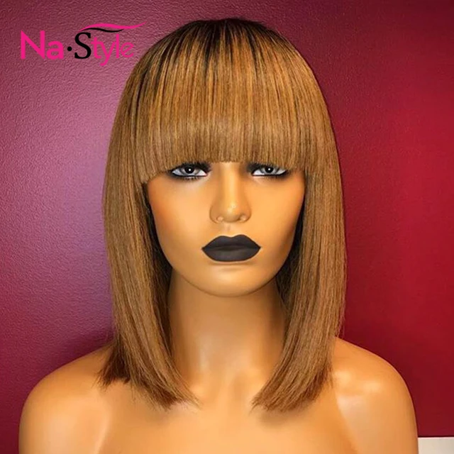 Human Hair Wigs With Bangs Ombre Honey Blonde Lace Front Wigs 1b/27