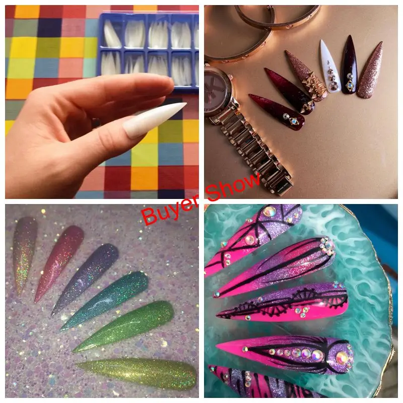 

100pcs Long Stiletto Nail Tips Clear/ Natural False Nail Tips Sharp End Half Cover Proffessional Manicure Tool Nail Tips (0#-9#)