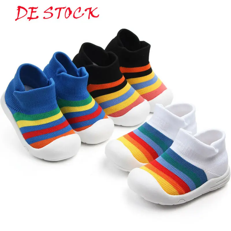 Lovely Baby Girl Boy Casual Cotton First Walkers Shoes Rainbow Color Striped Anti Slip Newborn Baby Boy Crib Shoes