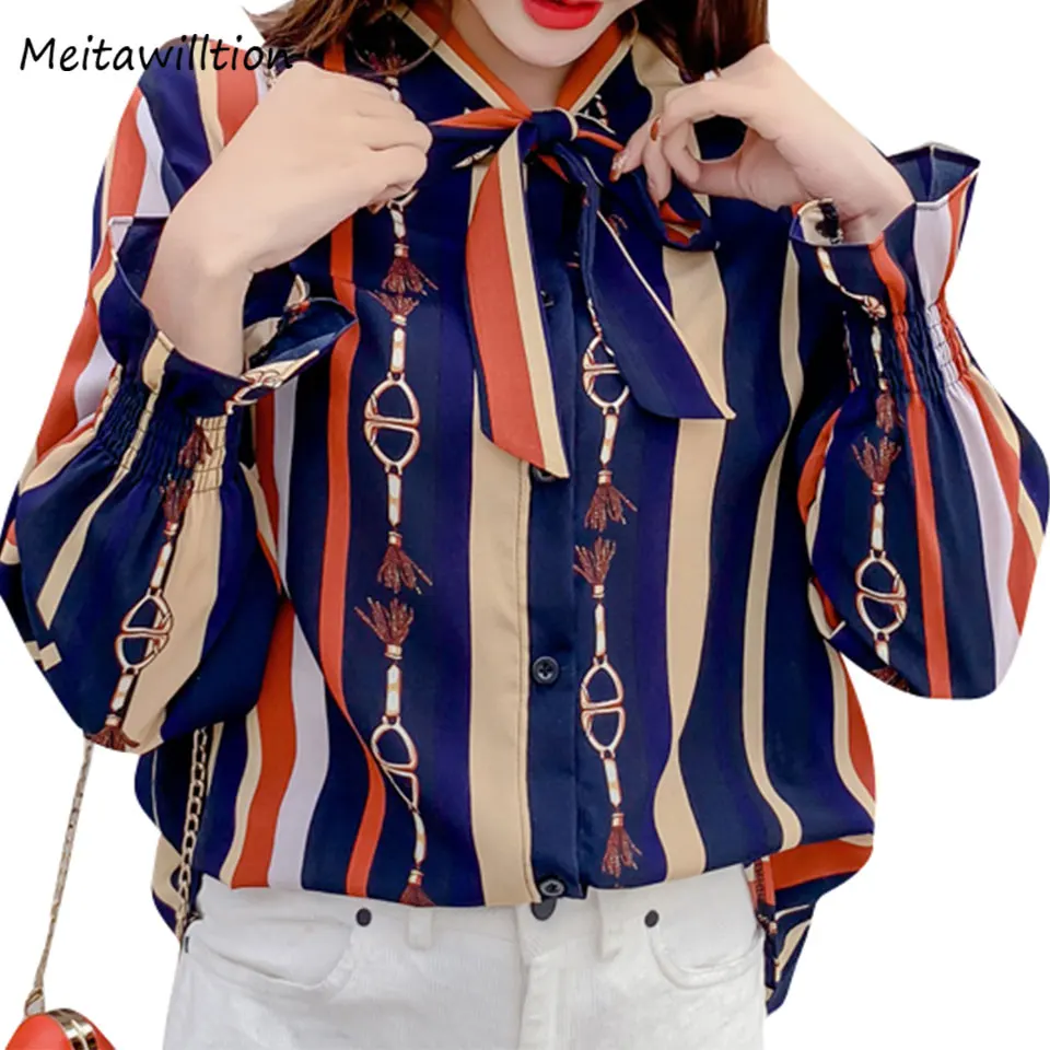 

Summer Women Chiffon Blouse Shirt Lady Colorful Striped Shirts 2019 Casual Long Sleeve Bow Tops And Blouses Office Blusas