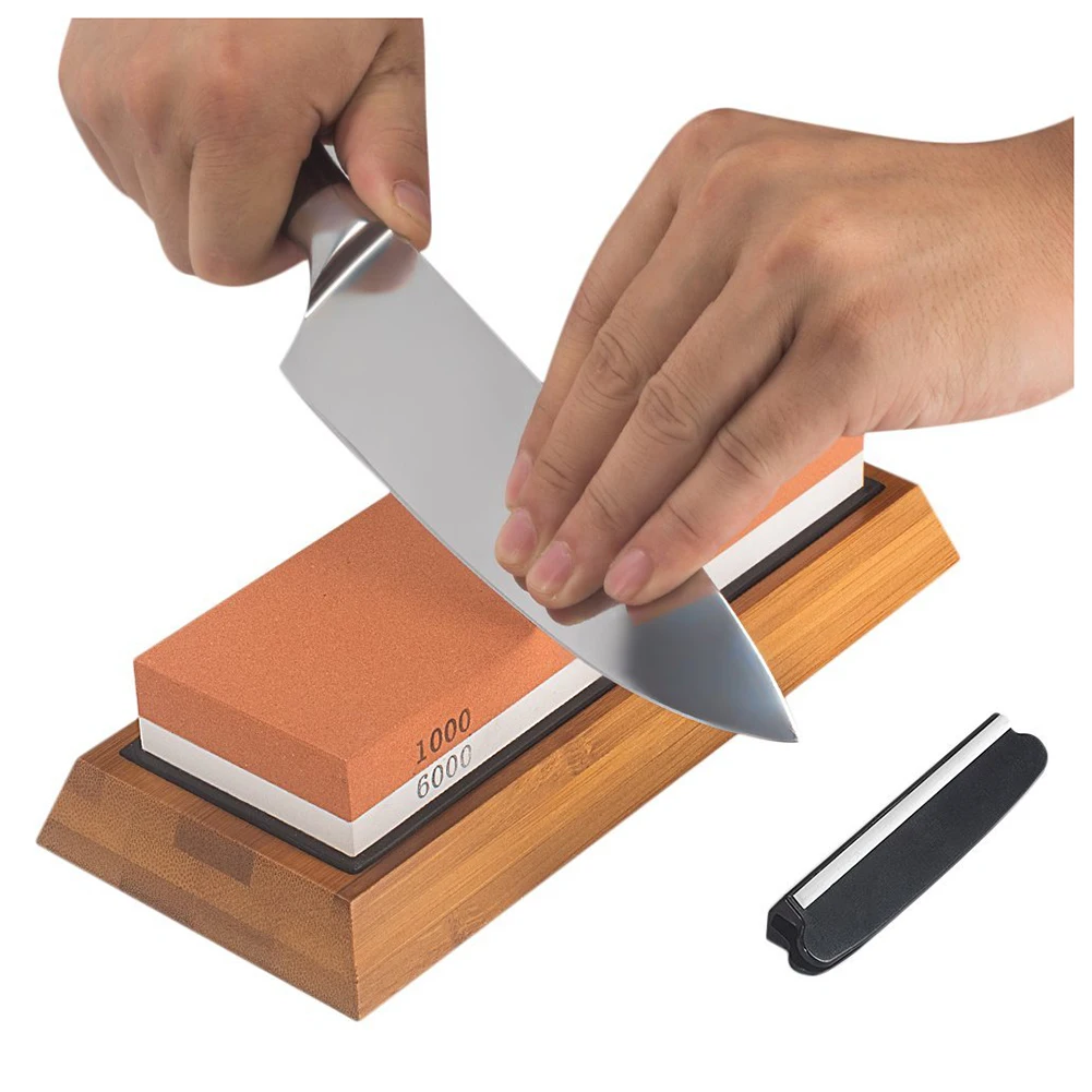 Делюкс для ножей, точильный камень 2-в-1 ножей, точильный камень, с углом направляющая& Non-Slip бамбуковое основание 1000/6000