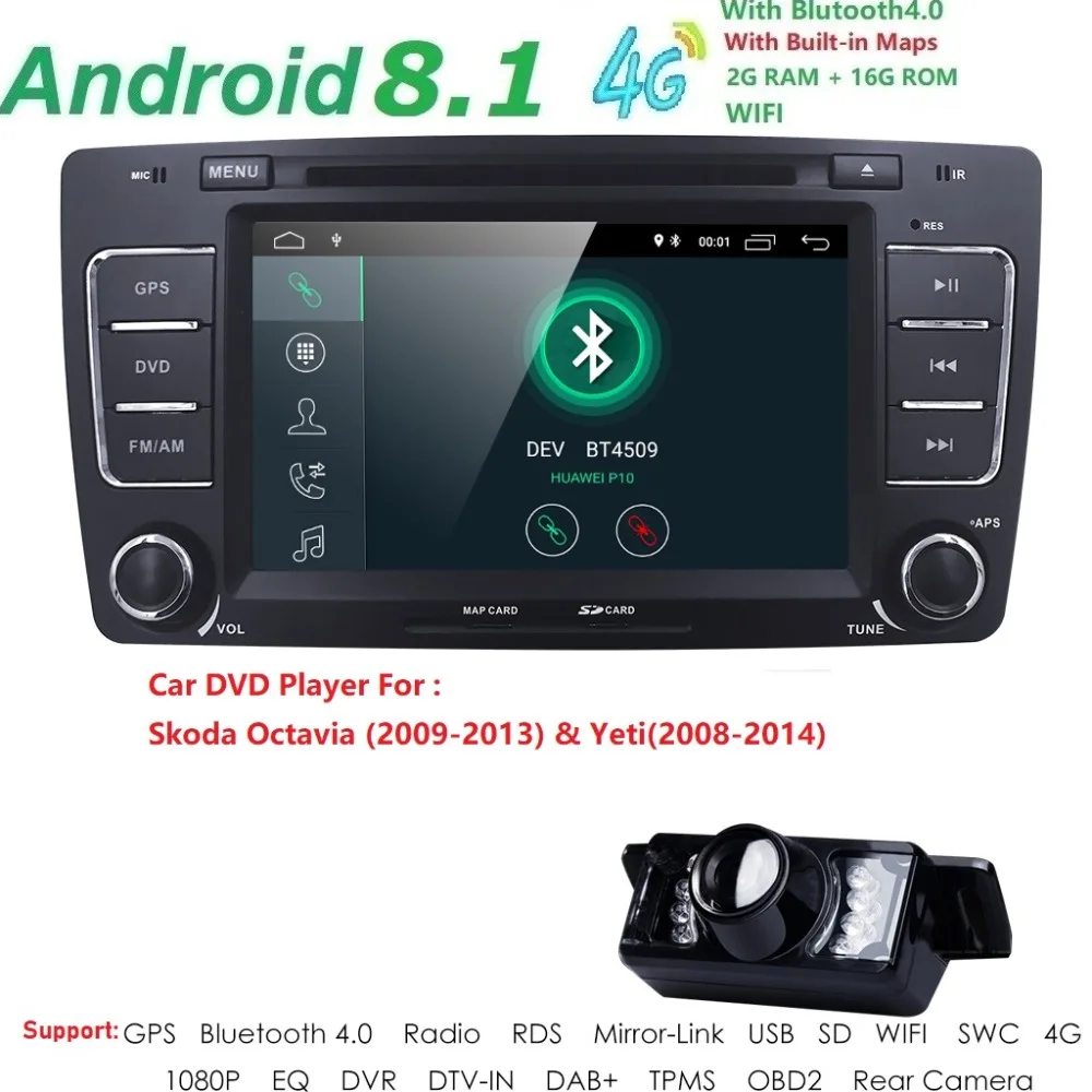 

7''Android 8.1 2GRAM+16GROM 4-Core GPS Unit Car DVD Stereo Multimedia for Skoda Octavia Yeit Bluetooth TPMS DAB+DVBT SWC RDS DVR