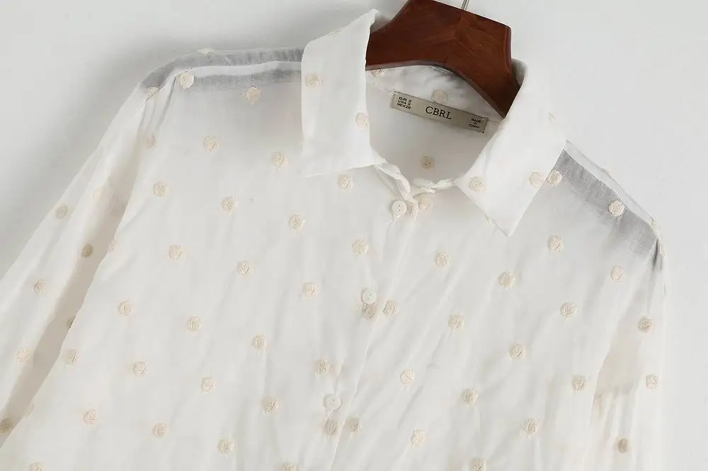  2019 za women cotton blouse turn-down embroderied polka dot shirts blouses shirts Womens Camisa Blu
