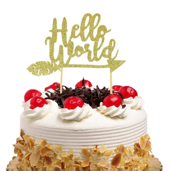 

50 pcs/lot Hello World Cake Toppers Flags Happy Birthday Glitter Kids Baby Cupcake Topper Wedding Baby Shower Party DIY Baking