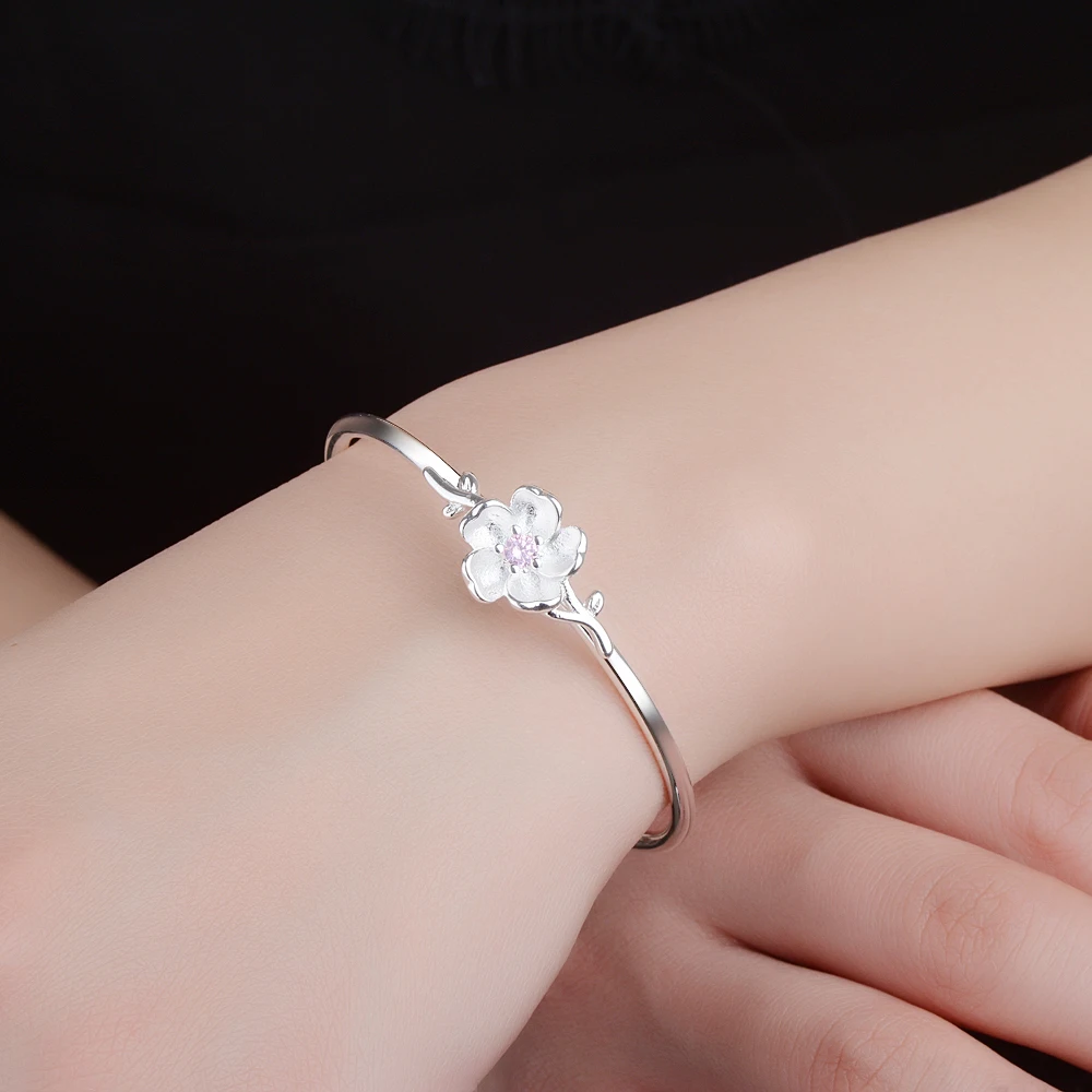 Qevila New Fashion Bangles Adjustable Open Cuff Bracelets Bangles  AAA Zircon Crystal Flower Silver Bangles for Women Jewelry (11)