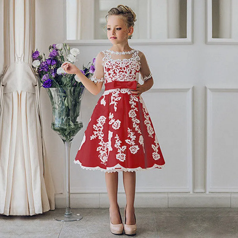 Розовые Платья с цветочным узором для девочек кружевные платья трапециевидной формы с короткими рукавами до колена для маленьких девочек, платья для первого причастия - Цвет: Красный