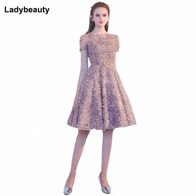 

New Arrival Short Evening Dress 2018 Elegant Banquet Short sleeve Prom Dresses Lace Party Dress O-Neck Formal Evening dresses