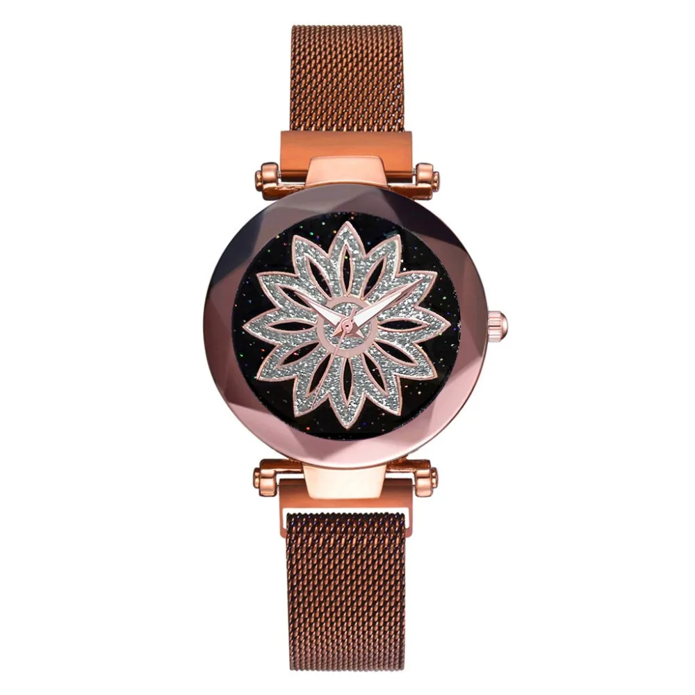 Роскошные женские магнитные часы с цветочным циферблатом Фиолетовые женские часы звездного неба модные женские кварцевые часы-браслет подарок для девочки