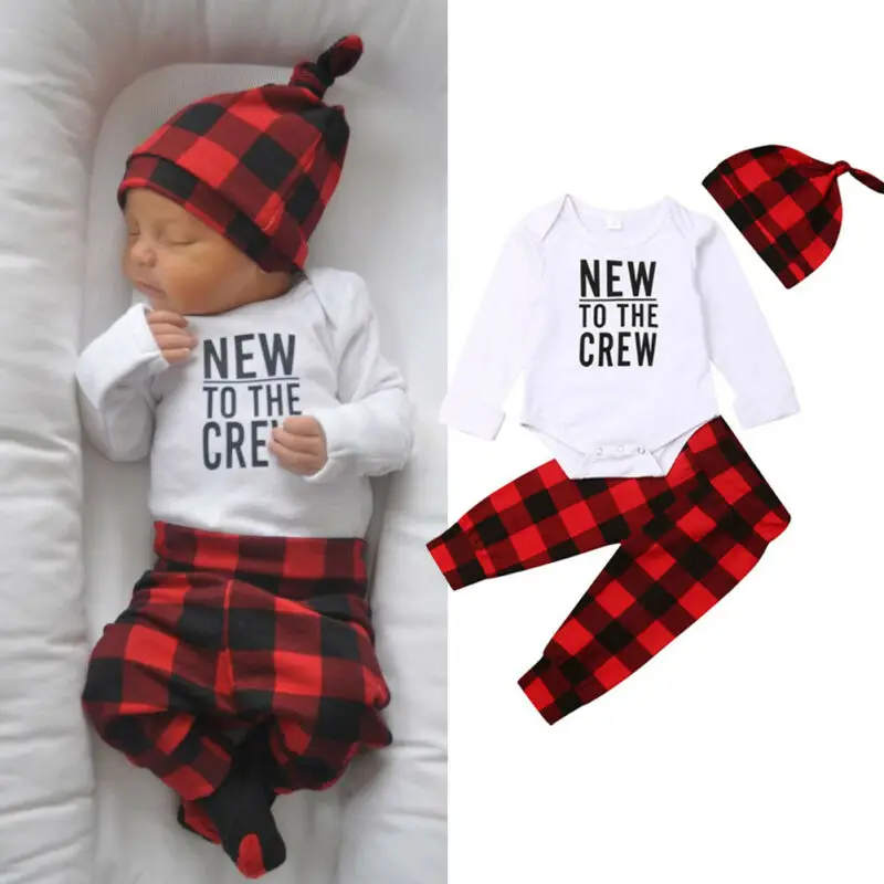 

Cute Newborn Infant Baby Boy Girl Clothes Set Long Sleeve Letter Top Bodysuit +Plaid Pants Trousers +Hat Autumn Outfit