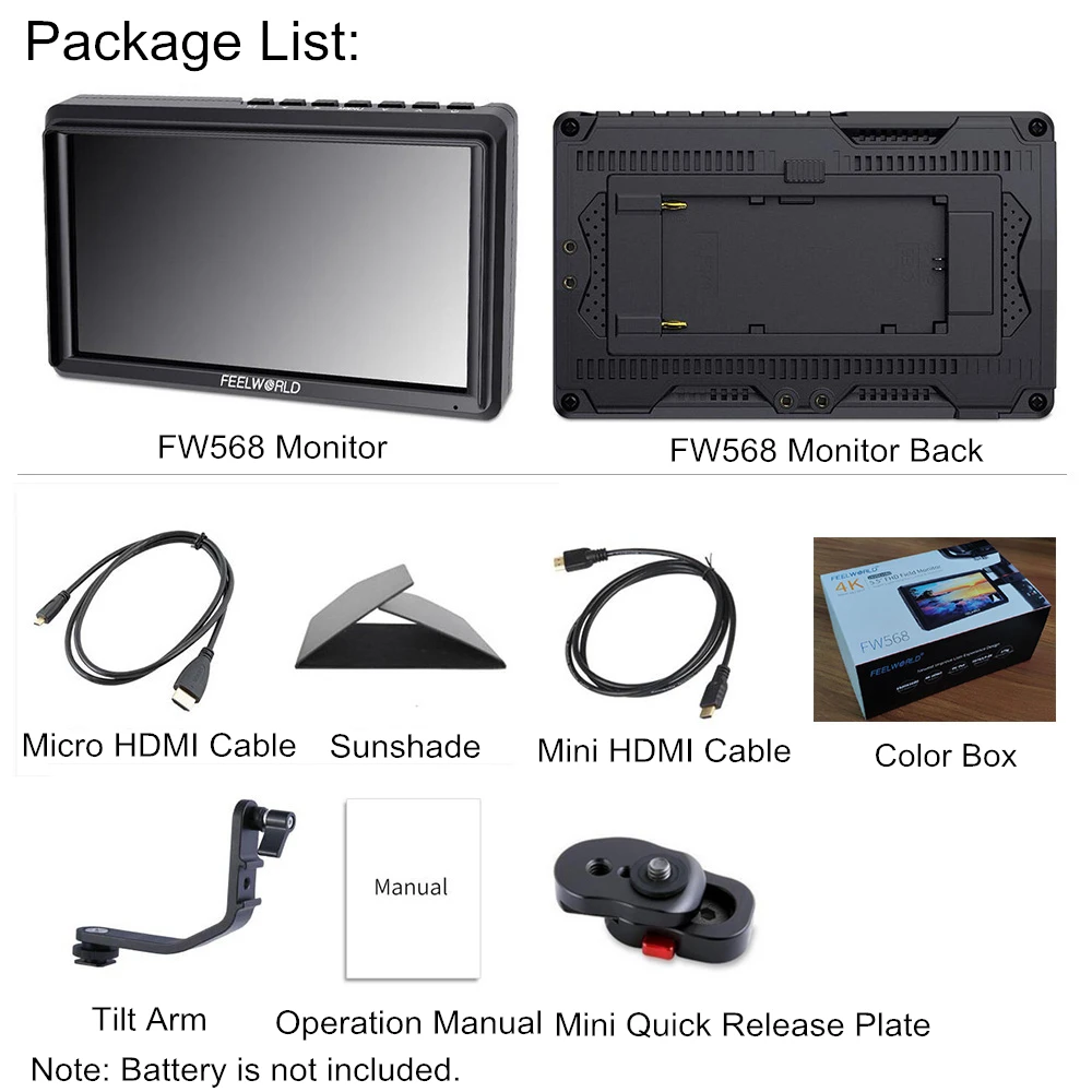 FEELWORLD FW568 5.5 inch 4K HDMI On Camera Field DSLR Monitor Small Full HD 1920x1080 IPS Video Focus + NP750 Battery + Charger