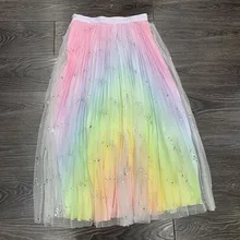 Hot fashion Rainbow stripe mesh Skirts New summer bling bling sequins Skirts A425