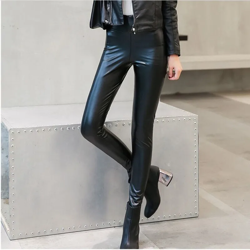 

Danjeaner Autumn Winter High Waist Thick Velvet PU Leather Pants Women Slim Black Pencil Pants Waterproof Leather Warm Trousers
