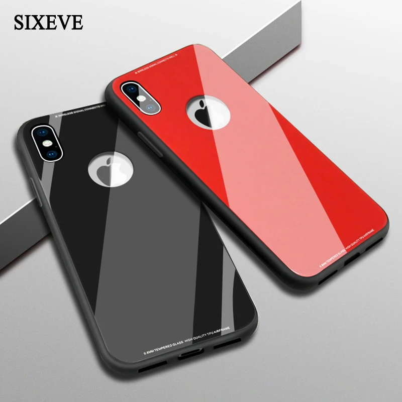 

SIXEVE luxury Tempered Glass Phone Case For iPhone X 6 6S 7 8 Plus Silicone Mirror Anti-shock Phone Shell For 10 8plus 7Plus