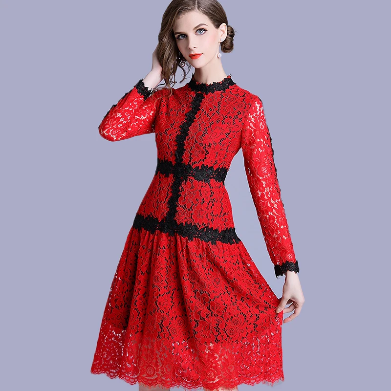 Women Elegant Lace Dress Stand Neck Hunter Red Fashion Pleated A Line