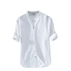 Летняя Льняная мужская рубашка с v-образным вырезом, длинным рукавом, Новая Модная приталенная рубашка, мужская летняя рубашка в китайском