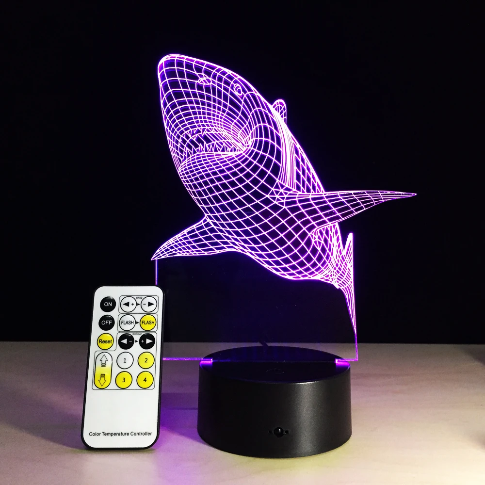  3D Shark Night Light Optical Illusion Table Light Mood Lamp Touch Remote Control 7 Colors Home Ligh - 32892947721