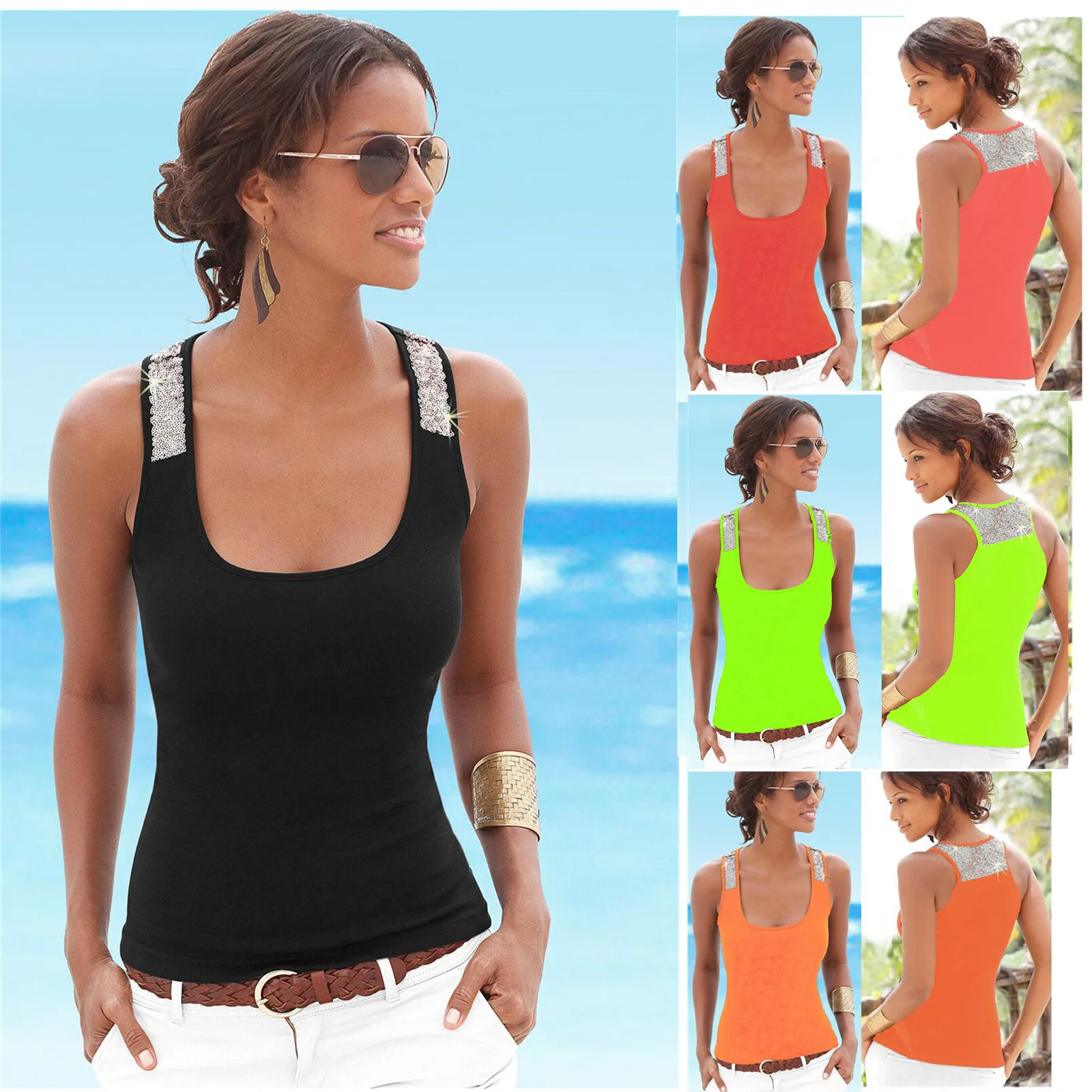

2019 Explosion Models Women's Sequins Stitching Square Collar Sleeveless