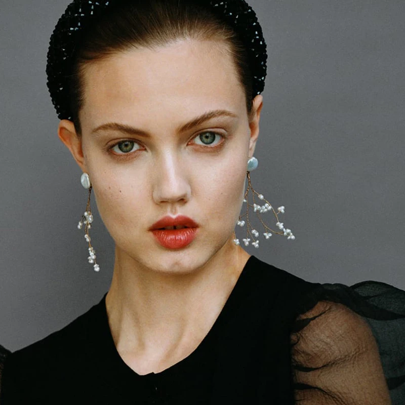 JUST FEEL Boho Fashion ZA Simulated Pearl Tree Dangle Drop Earrings For Women Hanging Statement Metal Earrings Jewelry Wedding