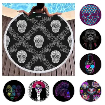 

Free shipping Novelty Gothic Cool Sugar Skull Ghost Girl Flower Geometric Pattern Fringe Large Swim Bath Beach Towel Blanket