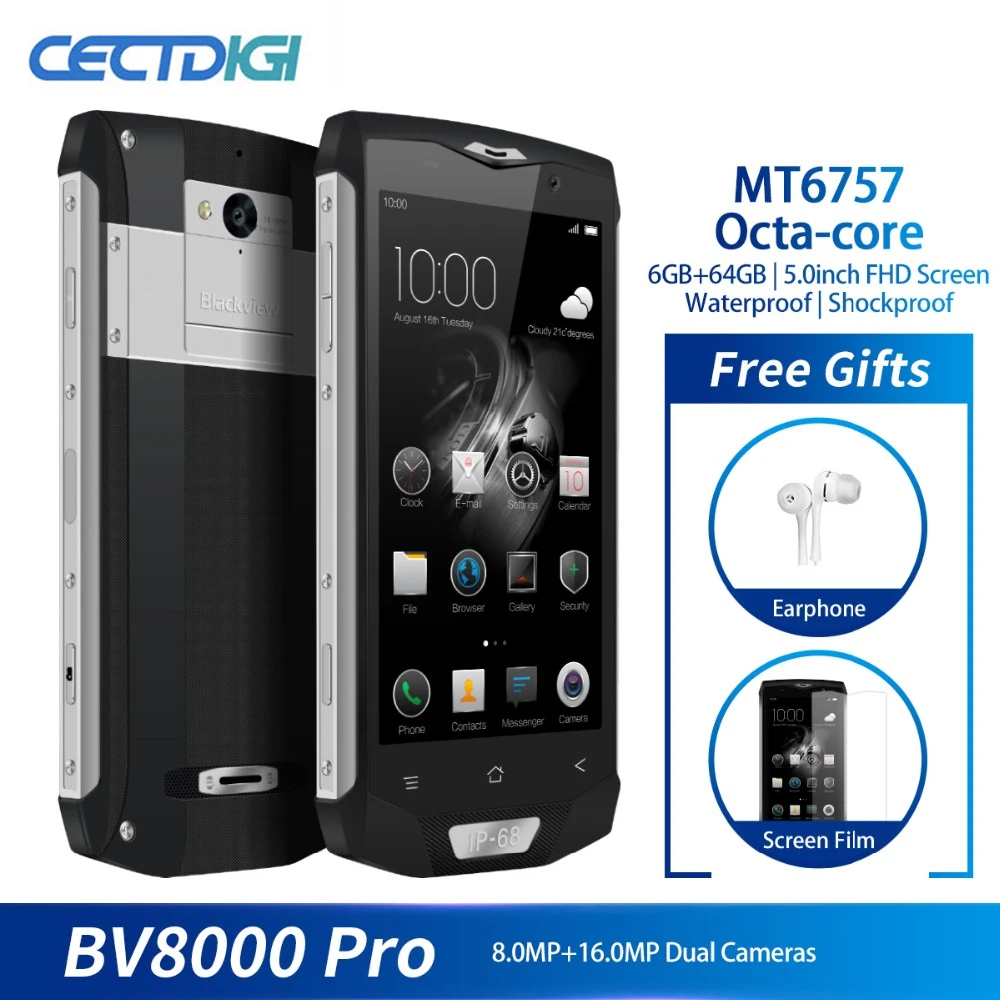 

Blackview BV8000 Pro Smartphone IP68 Waterproof MT6757 Octa Core 6G RAM 64G ROM 5.0 Inch 1920*1080 16.0MP 4G Android 7.0 Phone