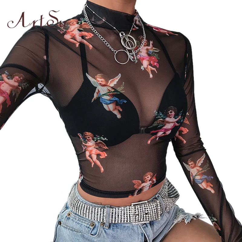 

ArtSu 2019 Print Angel Top Transparent Black Mesh Top Crop Sexy Long Sleeve Friends Tshirt Women Streetwear Fashion ASTS20667
