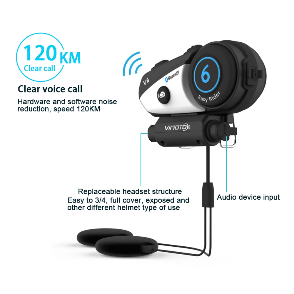 

Vimoto V6 BT Interphone Motorcycle Helmet Headset Intercom simultaneously pair 2 different Bluetooth High-fidelity transmission