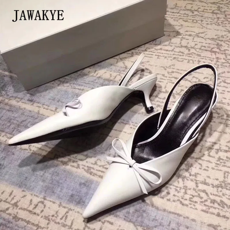 

2018 Black Real Leather Bow Knot V Gladiator Sandals Woman Pointed Toe Kitten Heels Shoes Female Slip On Muller Shoes Woman