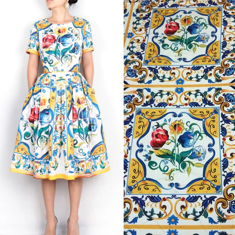 1 штука 1,75 м китайская ткань, ручная работа, принт майолика, шелковая эластичная атласная ткань, женское платье, имитирующая шелковую ткань tissu