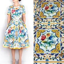 1 штука 1,75 м китайская ткань, ручная работа, принт майолика, шелковая эластичная атласная ткань, женское платье, имитирующая шелковую ткань tissu