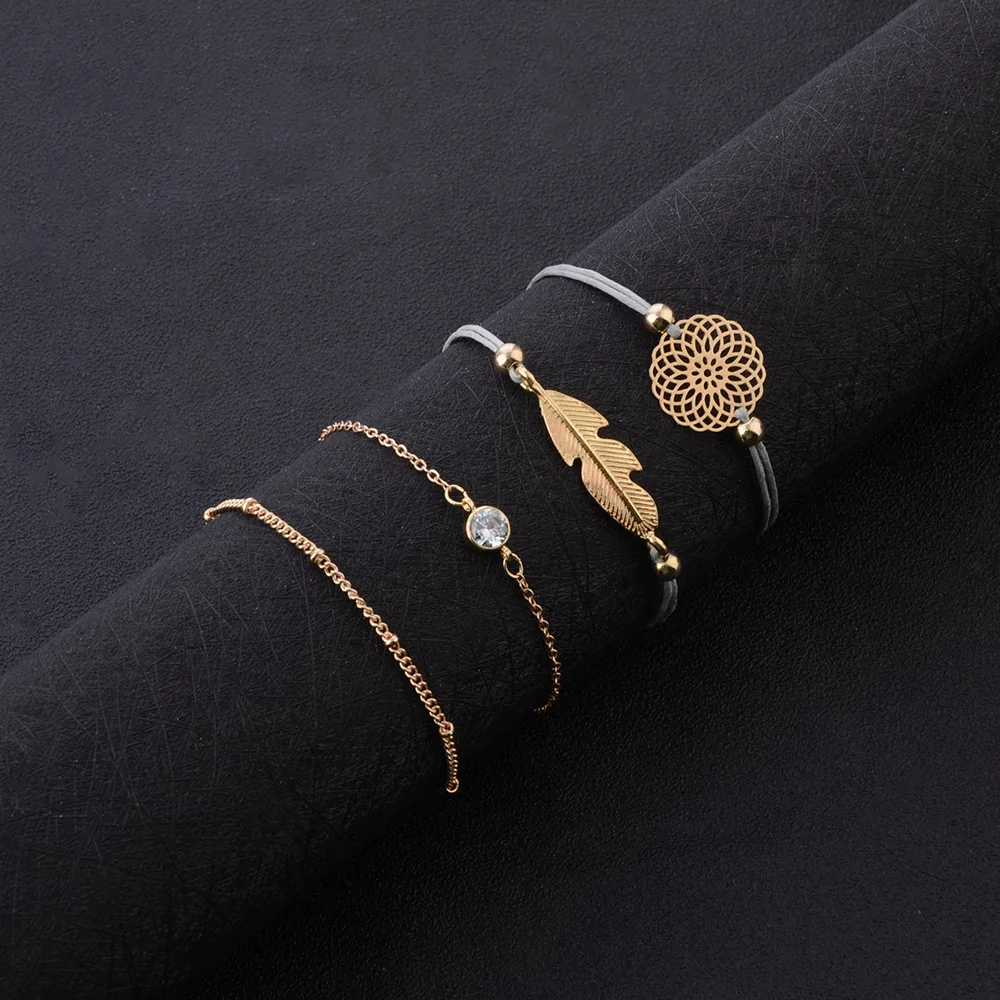 DIEZI богемный серый канат цепи браслеты для женщин лотоса перо золотая цепочка браслеты наборы ювелирных изделий подарки Винтаж