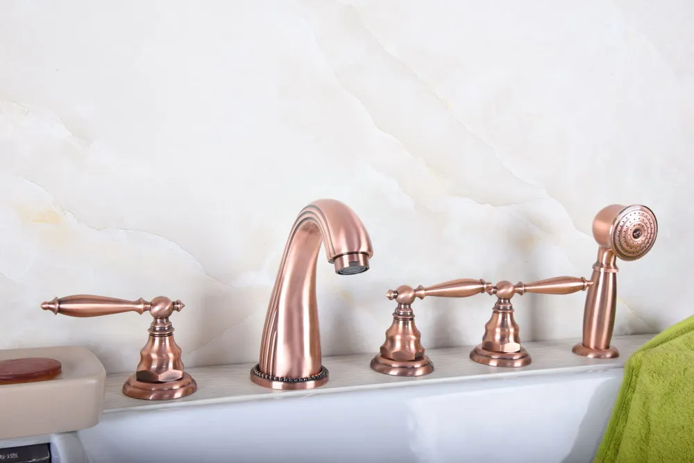 

Antique Red Copper Brass Widespread 5 Hole Bathroom Roman Tub Bath Faucet with Telephone Style Hand Held Shower Head atf185