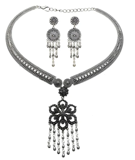 Цыганские винтажные серебряные Длинные колокольчики кисточкой эффектное ожерелье и серьги наборы для женщин жажда цветок Индия, этно-стиль Афган ювелирные изделия - Окраска металла: C