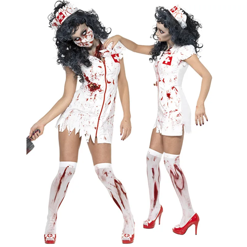 

Halloween Costumes White Nurse Dress Zombie Cosplay Fancy Female Nurses Costumes Spooky Blood Splatter Costume