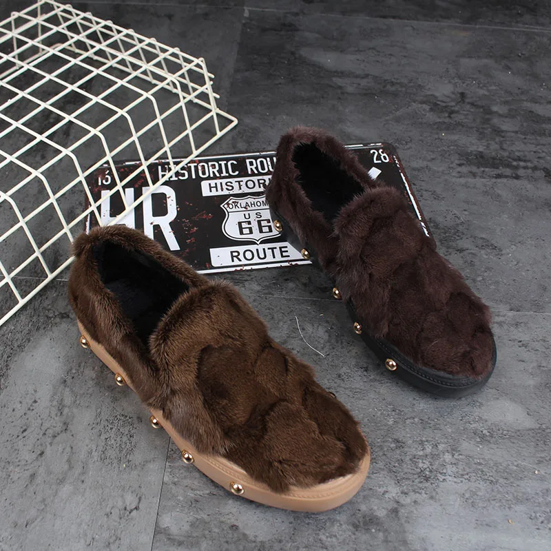 EXCARGO Woman Sneakers Rivet 2018 Autumn Winter Really Mane Fur Casual Shoes Winter Warm Velvet Slip On Lazy Snow Shoes Sneakers