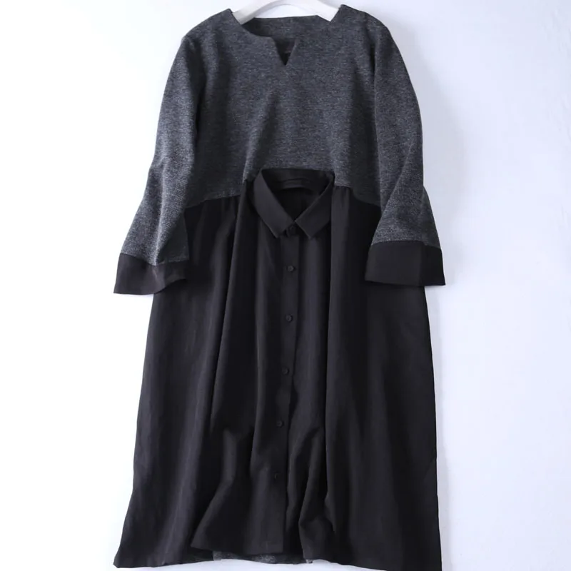 

Loose Plus Size V-neck 9-sleeve Wool Knitted Stitching Dress